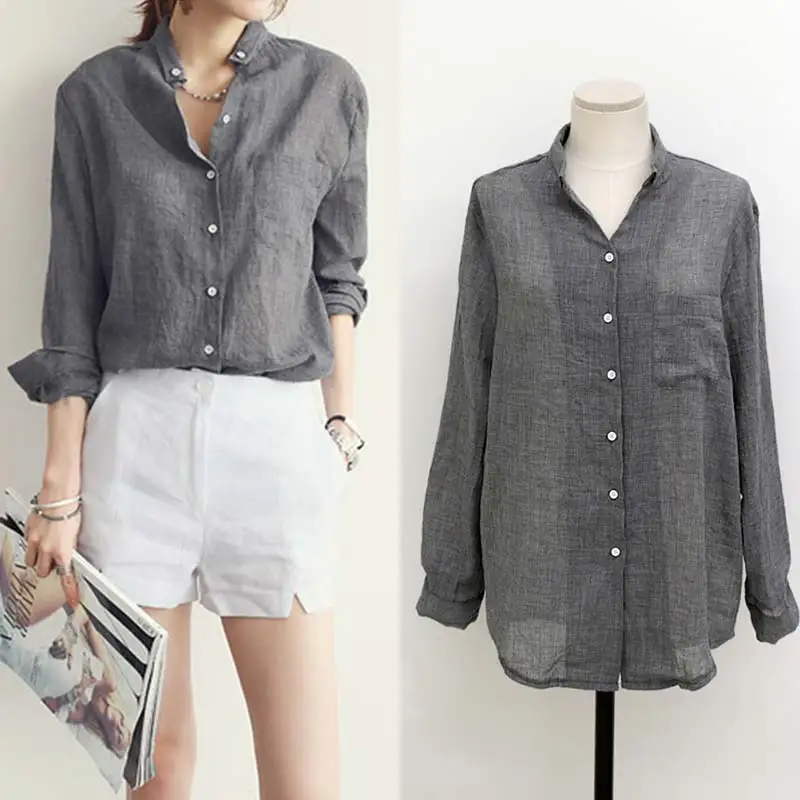 

Korean Linen Comfortable Elastic Women Long Sleeve Blouse Size S/M/L/XL/XXL White Gray Blue 1PC Soft Womens Tops