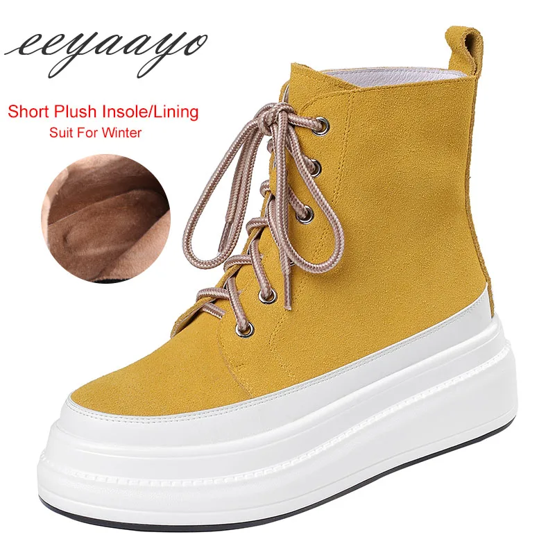 New Winter Genuine Leather Women Ankle Boots Round Toe Lace-Up Solid Causal Women Platform Shoes Black Female Short Boots - Цвет: Yellow(Short Plush)