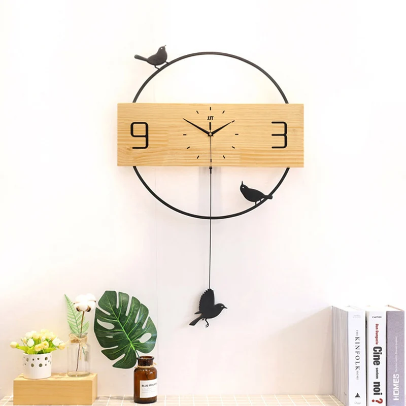 Simple Round Metal Log Color Mute Bird Swing Wall Clock
