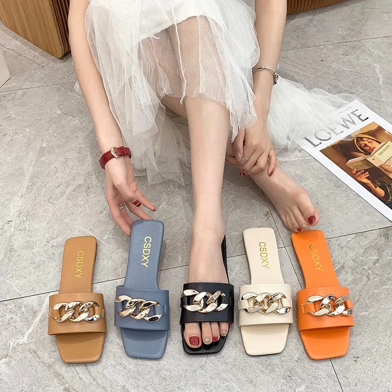 Brand Women Slippers Temperament Iron Chain Design Flat Flip-flops Summer Beach Holiday Women's Sandals 2021 Casual Flat Shoes