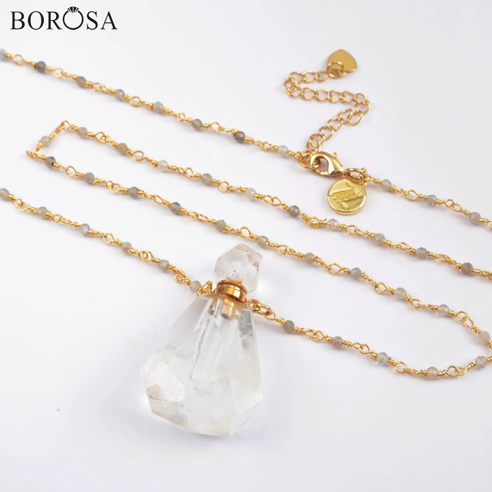 BOROSA Perfume Bottle Natural Multi-Kind Stone White Quartz Amazonite Amethysts 26inch Bead Chains Necklace Jewelry HD0091
