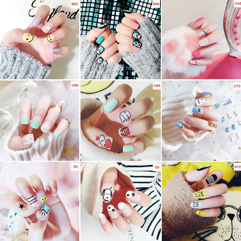 Высокое качество, искусственные ногти, 24 шт., Детские ногти, Короткие накладные ногти с клеем, милый дизайн для ногтей «сделай сам»
