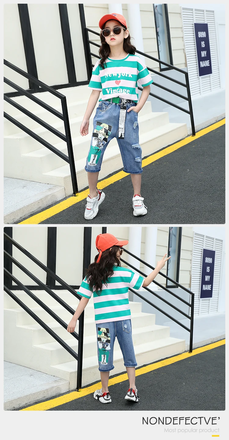 Summer Wear Striped T-Shirt + Distressed Jeans Outfit Street Style Kids Girls 2Pcs Clothes Set Kids Girl Clothing Set For Kids