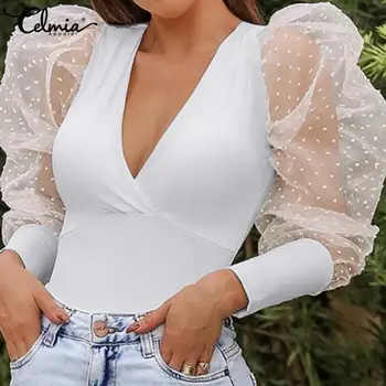 

Celmia Top Fashion Women Blouse 2020 Summer Ladies See-through Sheer Mesh Dot Shirts Puff Long Sleeve V neck Casual Party Blusas