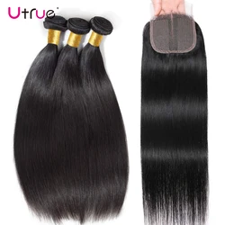 Human Hair Straight Bundles With Closure Middle Parting T Lace Long 28 30 Inch 3PCS Brazillian Bundles With Closure