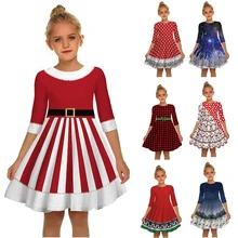 Новейшее рождественское платье; платье принцессы для девочек; элегантные вечерние платья с принтом снеговика и лося для детей; платье для девочек; детская одежда на год