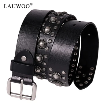 

LAUWOO Men Belt Jeans Belts Men Leather Stud Men's Strap Wide 100% head layer cowhide Heavy Metal Vintage Rivet Punk