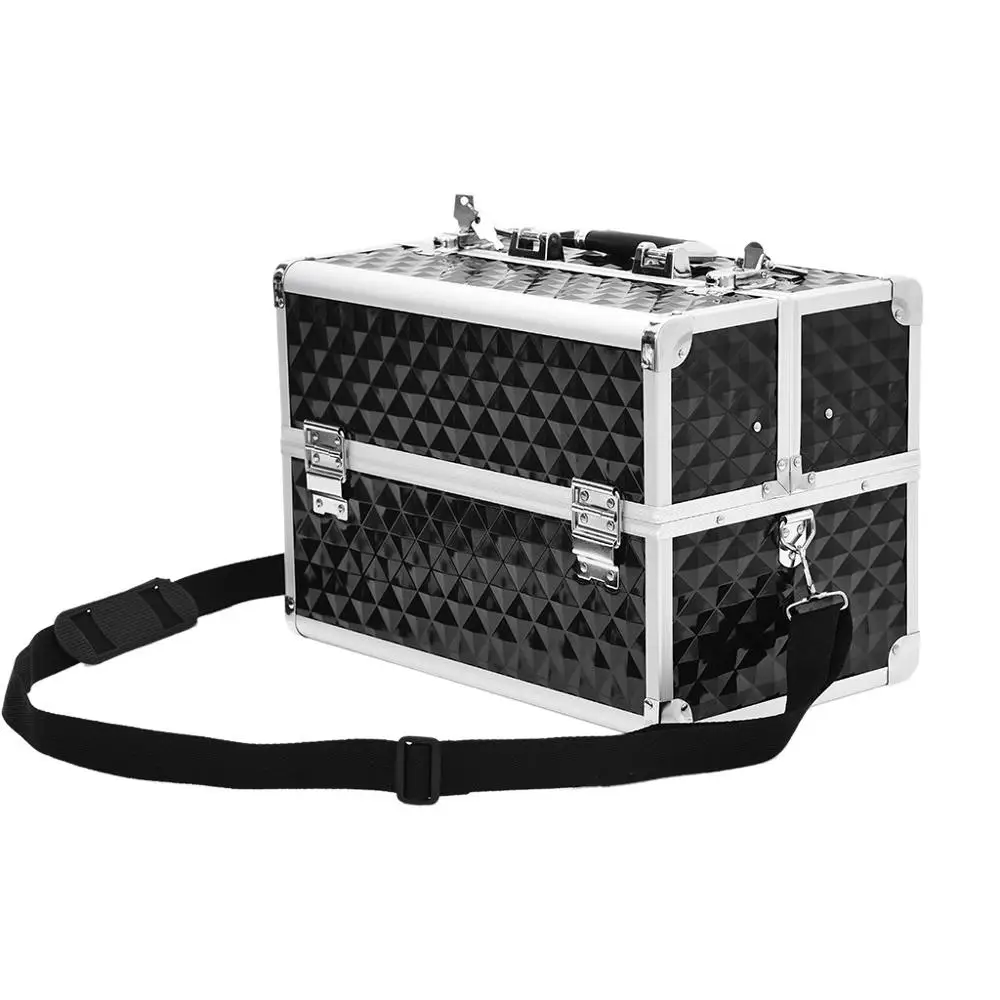 

Pro High Quality Large Capacity Makeup Cases Makeup Train Cosmetics Cases With 4 Auto Open Adjustable Trays& Shoulder Strap
