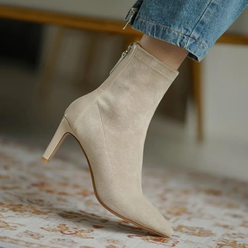 2021 Winter Autumn Women Ankle Boots Faux Suede High Heels Dress Shoes Black Pointed Toe Ladies Shoes Fashion Botas Mujer