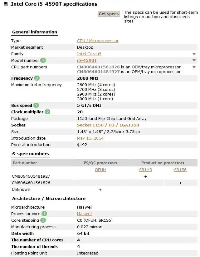 Настольный процессор Intel Core i5 4590T четырехъядерный 2 0 ГГц 6 Мб L3 Cache LGA 1150