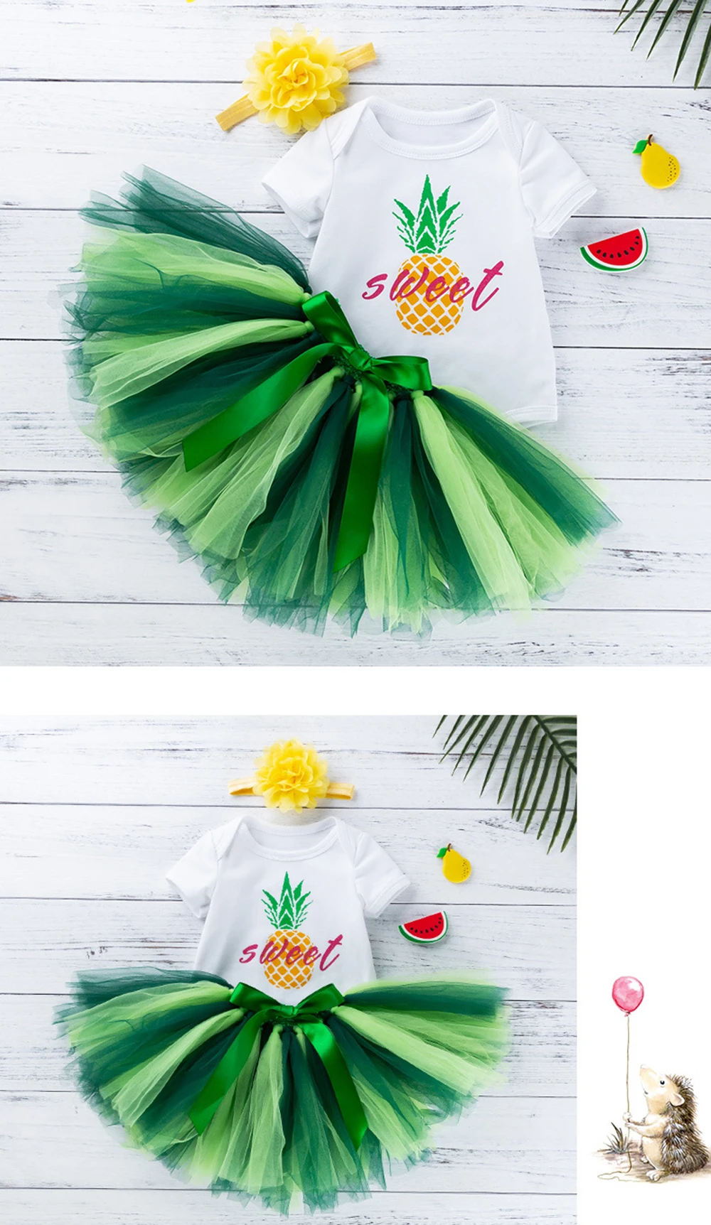 Summer Children's Wear Baby Short Sleeve Cartoon Clothes Climbing Clothing Mesh Handmade Skirt Head Wear Three Pieces Tutu Dress