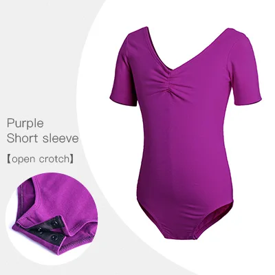 Purple-Short-open Дышащая балетная одежда с низкой спинкой для девочек Одежда для танцев длинный купальник с коротким рукавом хлопковая одежда L XL XXL 3XL 4XL 5XL 6XL - Цвет: Purple-Short-open