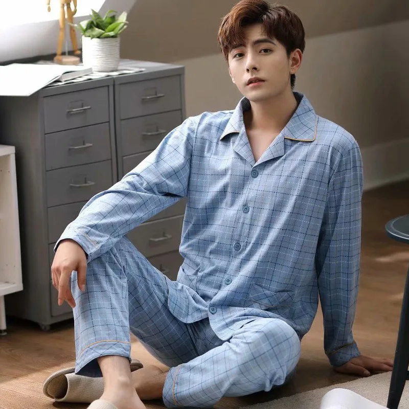 

Cotton Casual 2PCS Pajamas Suit 2020 New Sleep Set Long Sleeve Pyjamas Men Sleepwear Nightwear Loose Casual Autunmn Home Clothes