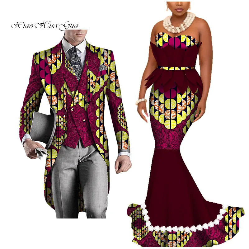 Dashiki African Couple Clothing Women's Dress+Men's Blazer&Vest 3 Pieces Set African Mermaid Print Dresses for Couples WYQ425 - Цвет: 8