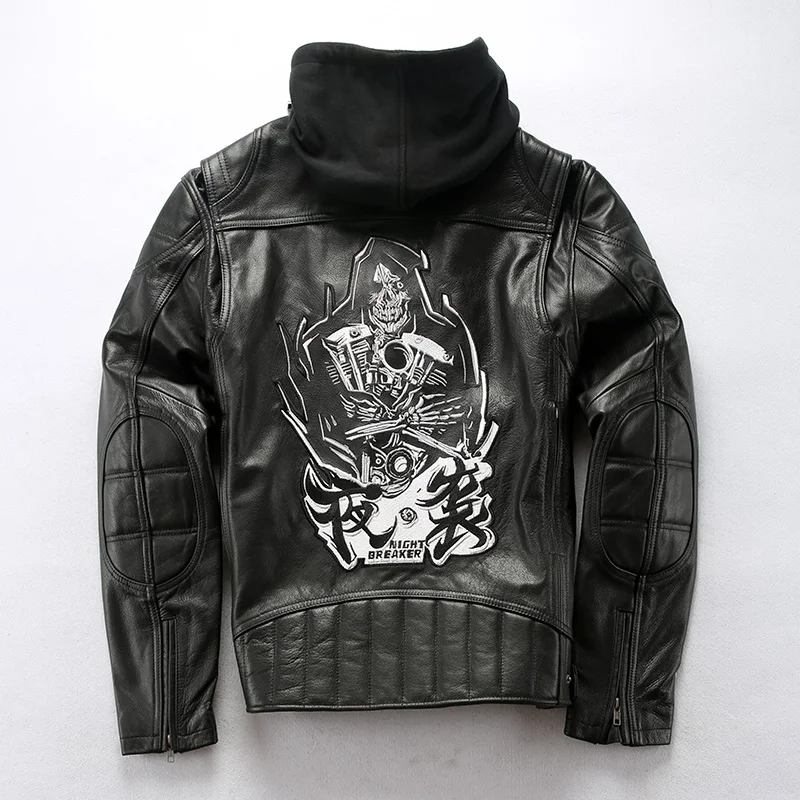 Back embroidery Новинка, Мужская Профессиональная мотоциклетная кожаная куртка с вышивкой, модная байкерская куртка с черепом сзади из воловьей кожи, российские зимние пальто - Цвет: Back embroidery