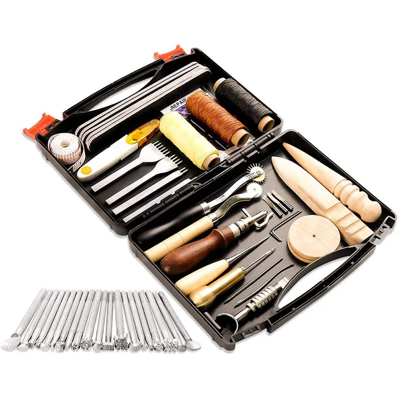 

50 Pieces Leather Working Tools And Supplies With Leather Tool Box For Stitching Punching Cutting Sewing Leather Craft Making