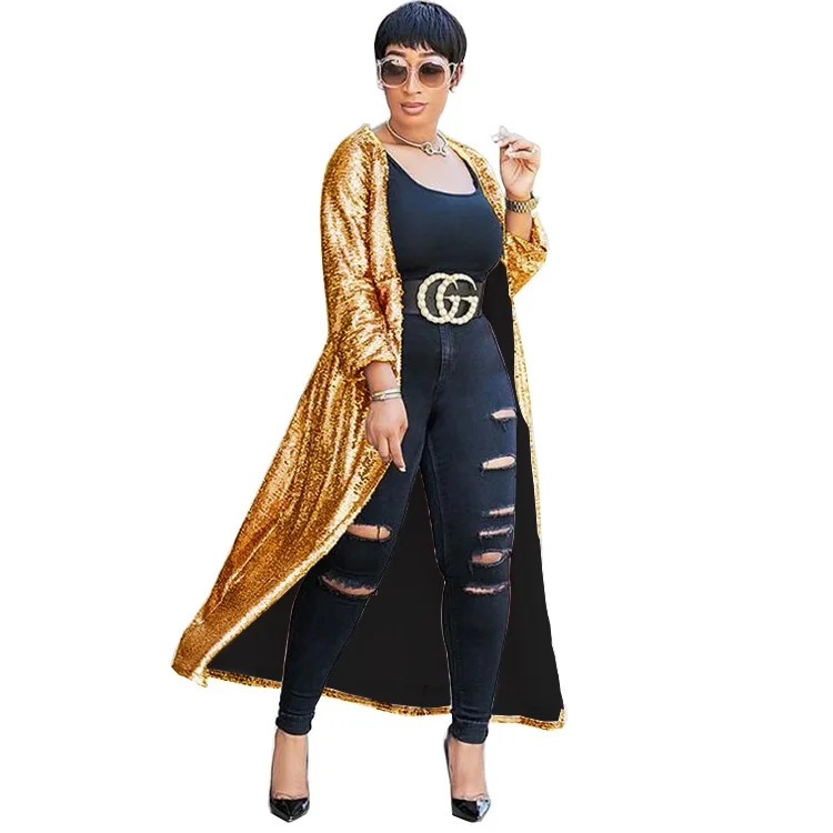 Женская блестящая золотая расшитая блестками куртка, сексуальное длинное пальто с открытой передней частью, весенне-осеннее повседневное блестящее кимоно, вечерние Клубные Топы для женщин