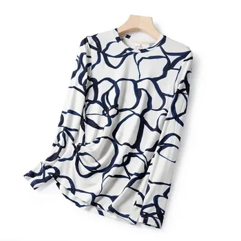 

Women T-shirt 2020 Spring and Summer T-shirt Black Line Abstract Circle Round Neck Long Sleeve Printed T-shirt