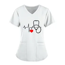 Blouse Working-Uniform Nurse-Accessories Women V-Neck Tops Short-Sleeve Pocket Ecg-Print