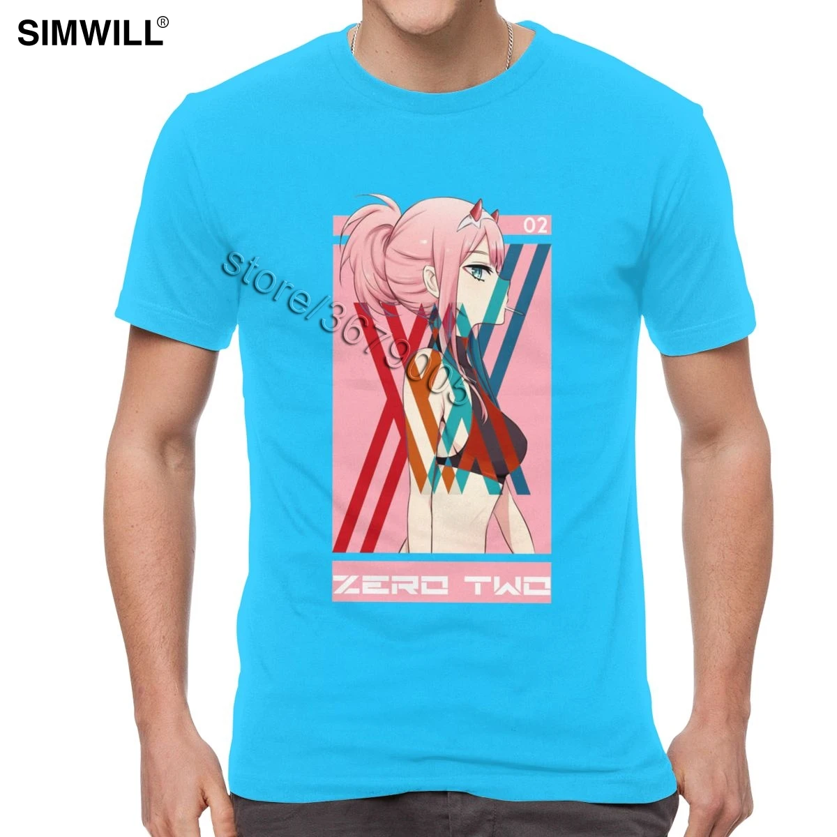 Футболка Darling In The Franxx, мужская, хлопок, Zero Two, футболки, короткий рукав, круглый вырез, модная, аниме, веер, футболка - Цвет: Королевский синий