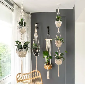 

4/5pcs Vintage Macrame Plant Hanger Set Hanging Planter Hand-woven Flower Pot Basket Net Bag Flowerpot Wall Hanger Balcony Decor