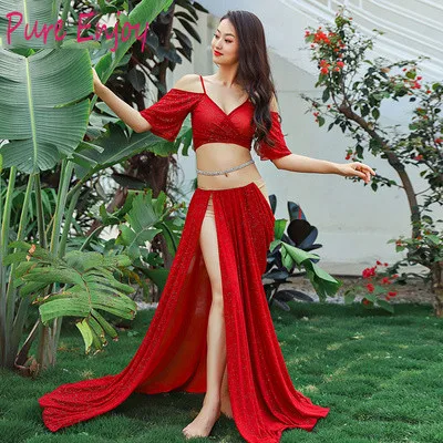 Горячее Надувательство Новое Прибытие Женщины Костюм Bellydance 3 Шт. Набор Серебряный Блеск Ткани Восточный Танец Наряд Красный - Цвет: Красный