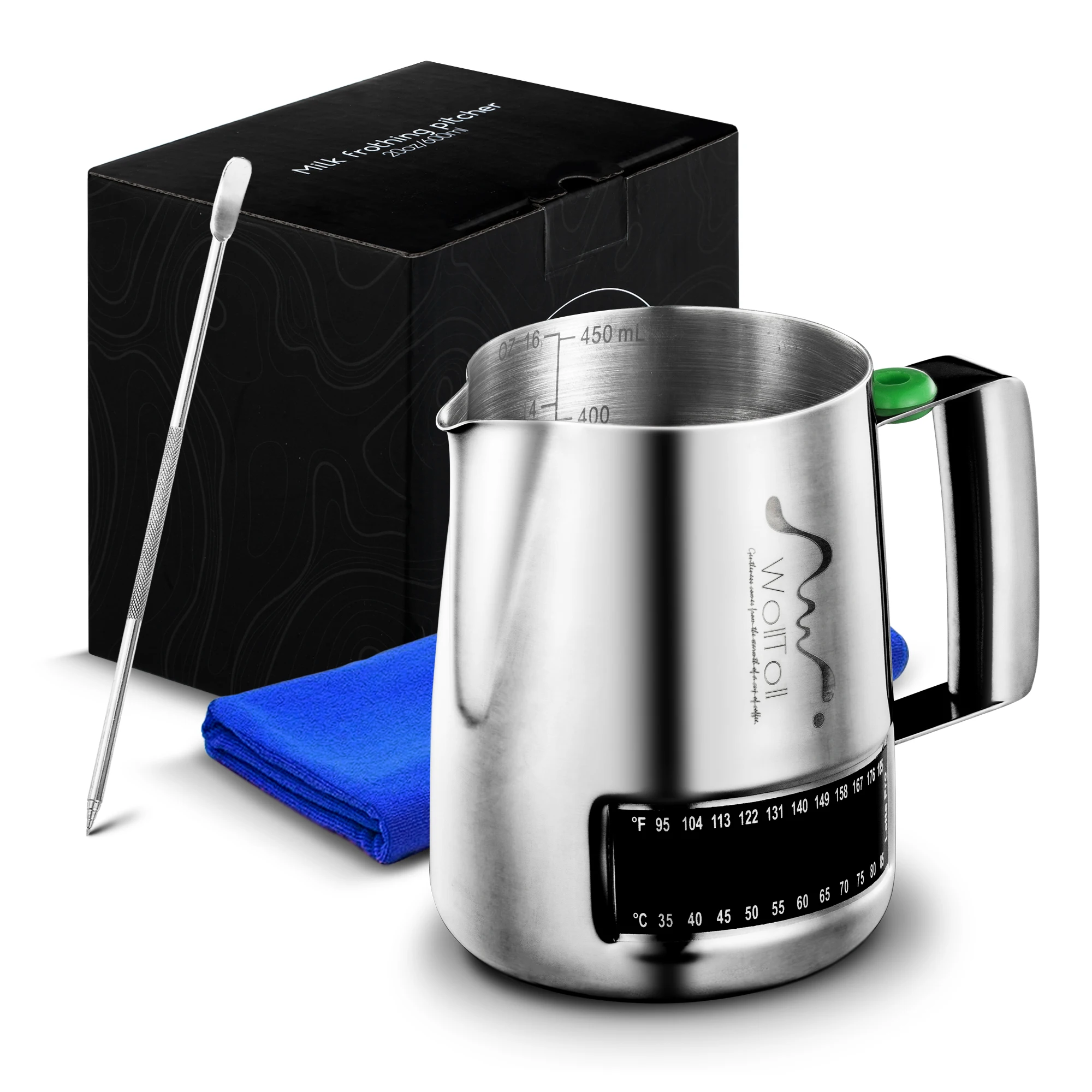 

Milk Frothing Pitcher With Integrated Thermometer, 16oz/480ml Stainless Steel Milk Coffee Cappuccino Latte Barista Jug Pitcher