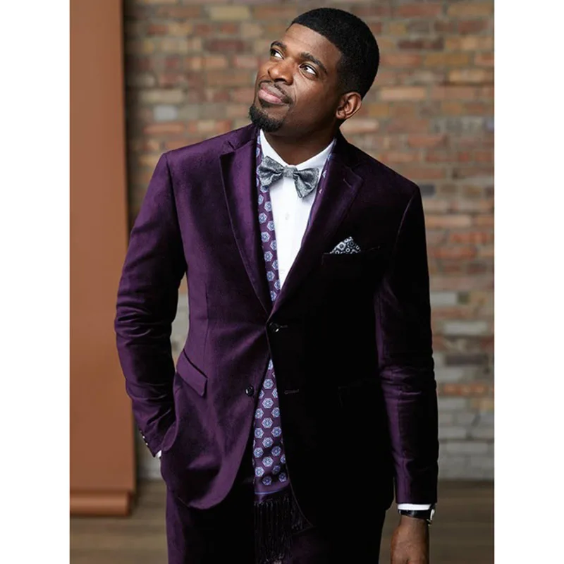 

Latest Coat Pant Designs Purple Velvet Men Suit Slim Fit 2 Piece Smoking Jacket Tuxedo Custom Groom Blazer Prom Suits Terno