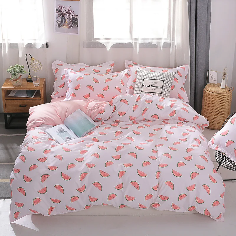 

Liv-Esthete Cartoon Watermelon Duvet Cover Pink Bedding Set Flat Sheet Pillowcase Bedspread For Adult Home Decor Bed Linen Set
