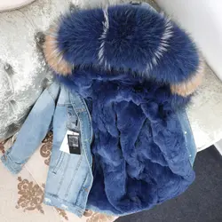 OFTBUY 2019 зимняя куртка для женщин реальные меховое пальто; парка реального енота воротник кролика Рекс лайнер полосатый бомбер джинсовая