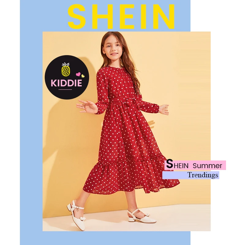 SHEIN Kiddie/милое красное платье в горошек с оборкой и поясом для девочек г., осенние длинные платья с длинными рукавами и рюшами