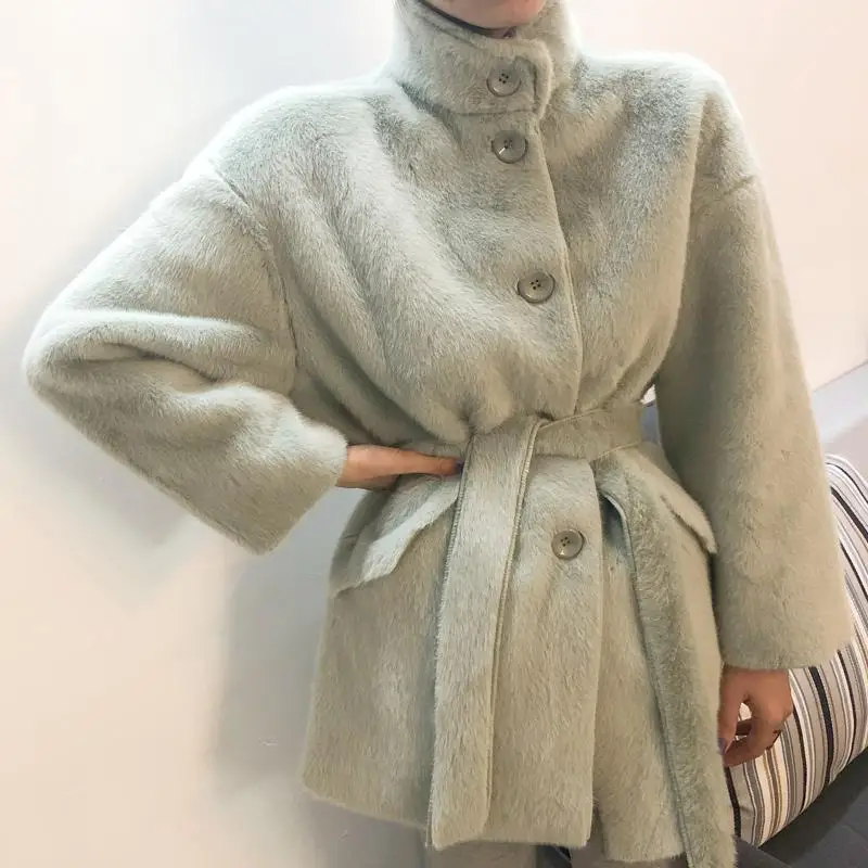 Bella philosophy Зимняя Толстая однотонная женская меховая куртка Верхняя одежда для леди из искусственного кроличьего меха с поясом модные пальто женские теплые пальто - Цвет: G1