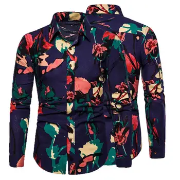 

Fashion Men Colorful Printed Long Sleeve Turn Down Collar Button Down Shirt Top
