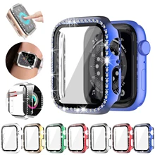

Case+Glass for Apple Watch 45mm 41mm 44mm 40mm 42mm 38mm, Full Cover Bling Crystal Rhinestone Protective Bumper for iWatch7 6 5