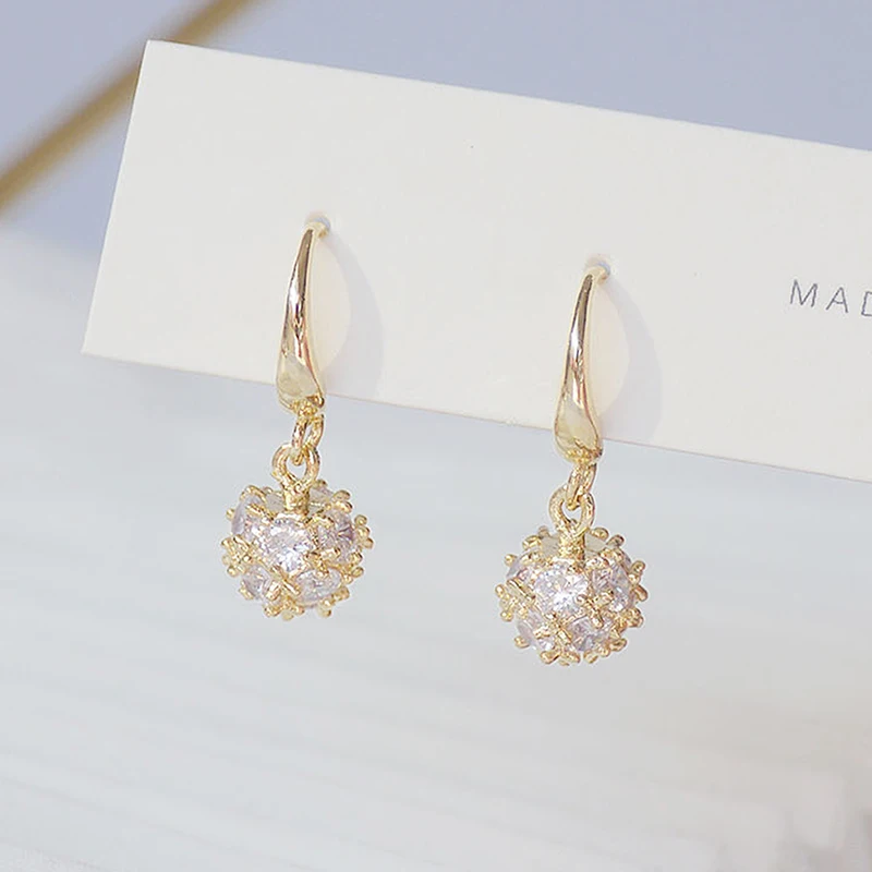 Ins Hot Sale Gold Ball Inlaid Big Zirconia Women Earrings 14K Real Gold Elegant Minimalist CZ Drop Earring Engagement Pendant
