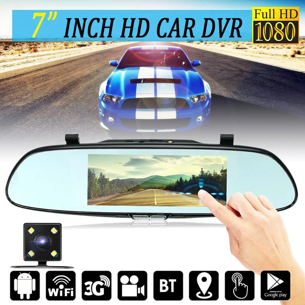 Renoster 7 дюймов сенсорный экран 1080P поток зеркало заднего вида Автомобильный видеорегистратор камера видеорегистратор wifi gps двойной объектив Dashcam Android