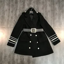 Новинка, осенне-зимнее модное Двухрядное шерстяное пальто с пуговицами и манжетами, стразы на талии, женская черная куртка, верхняя одежда V1184