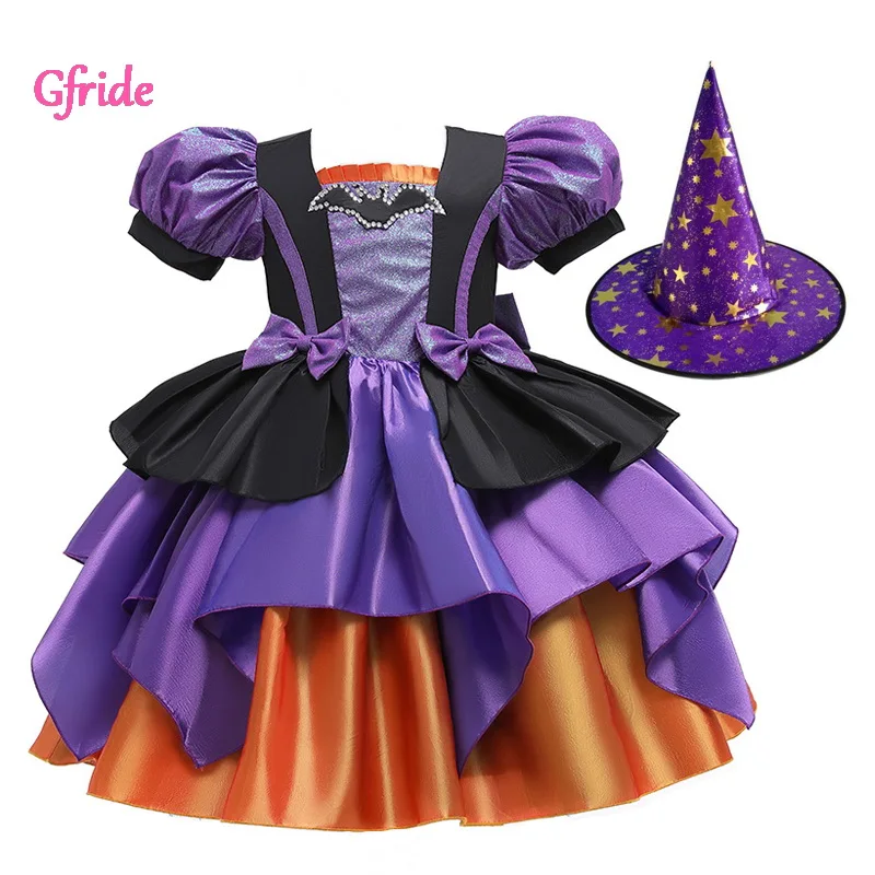 Toddler Kids Baby Girls Halloween Costume Witch Clothes Party Dresses+Hat Outfit 