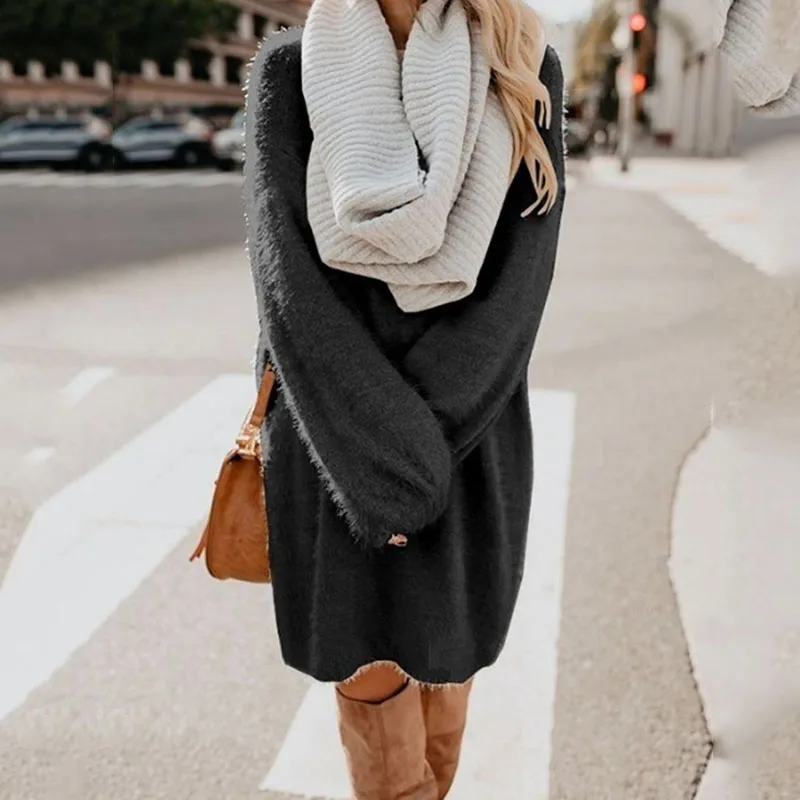 only dress-Black Новое осенне-зимнее платье-свитер для женщин с круглым вырезом и длинным рукавом, плотное вязаное мини-платье трапециевидной формы, женское облегающее платье для девочек, платье для беременных - Цвет: only dress-Black