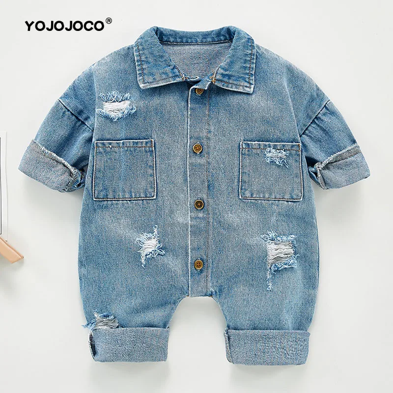 Spring Autumn Newborn Boys Girls Cowboy Broken Hole Jumpsuits Clothes Baby Long Sleeve Rompers Children | Детская одежда и обувь
