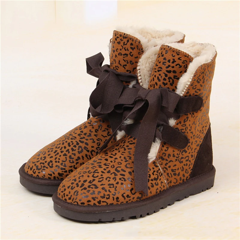 Leopard Классические зимние ботинки в австралийском стиле; плюшевые женские ботинки; женская обувь из натуральной кожи; теплые зимние ботинки на нескользящей подошве; женская обувь на резиновой подошве - Цвет: Leopard
