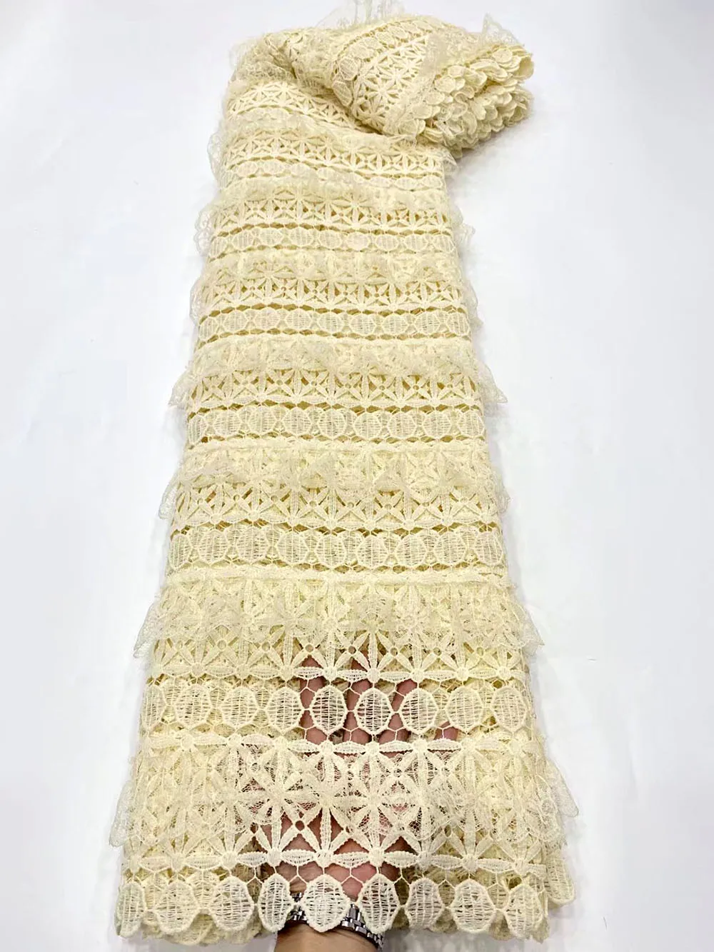 

High Quality Beige Guipure Cord Lace Nigerian African Asoebi Bridal Fabric For Party Dress Sewing