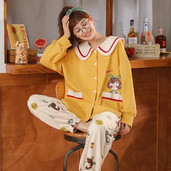 

Spring Autumn Cute Princess Wind Women's Pure Cotton Pajamas Sets Elegant Long Sleeve Bow Cardigan Sleepwear Suits Sweet Pyjamas