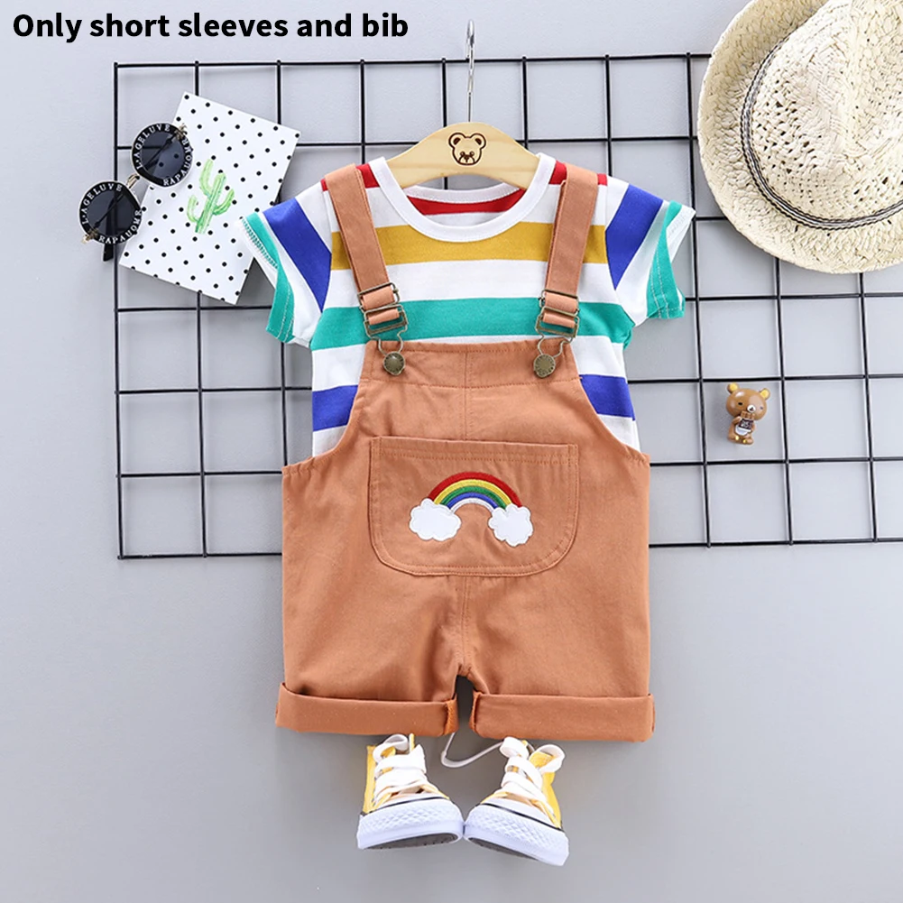 

Toddler Baby Cute Rainbow Pattern Two Pieces Short Sleeve Striped Round Neck Summer Overalls Set Daily Comfortable With T Shirt