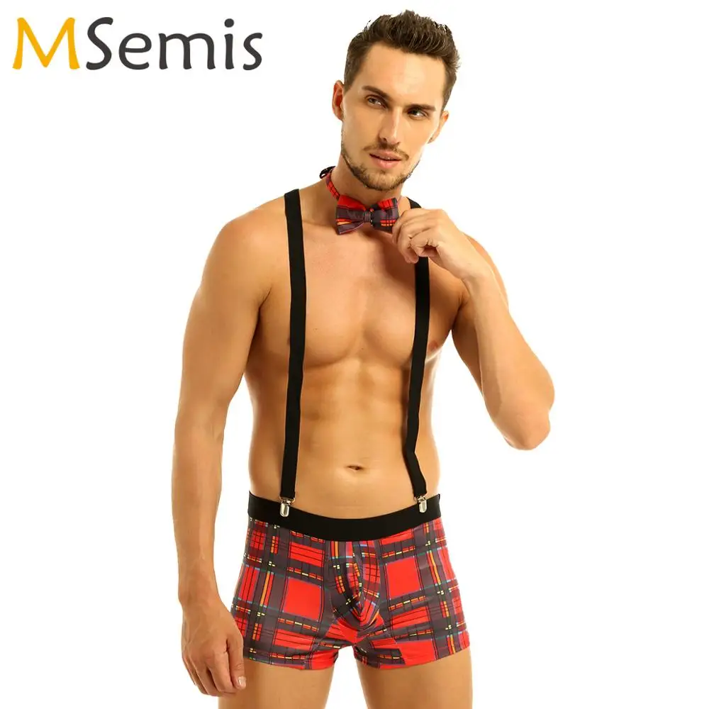 

Sexy Waiter Roleplay Costumes Mens Plaid Boxer Briefs Lingerie Set Male Gay Nightclub Rave Outfit Erotic Maid Cosplay Uniforms