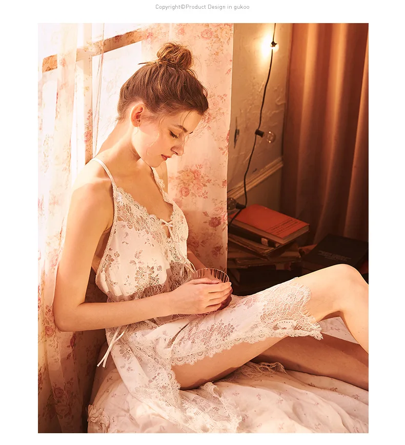 Sweet Sexy Crossing Camisole Nightgown Woman Spring Lace Perspective Hollow Out Hot Taste Pyjama for Women Night Dress