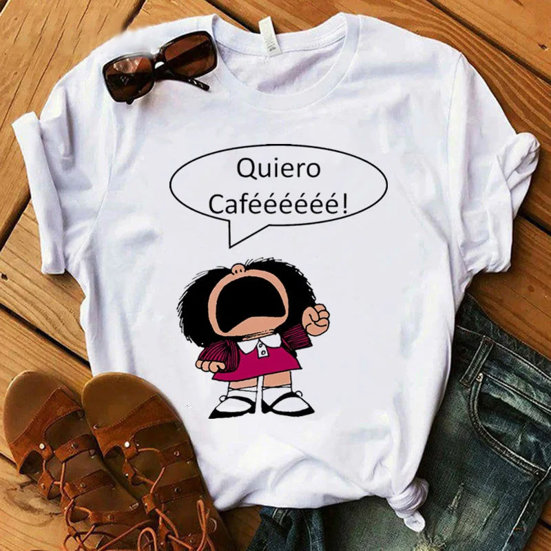Camiseta estampada con mensaje de PAZ Mafalda or QUIERO Cafe para Mujer, camisetas de Harajuku para Mujer, ropa para Mujer, top para niña