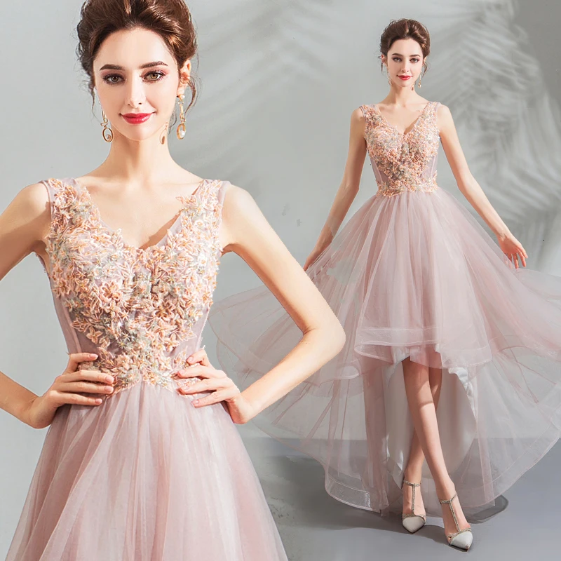 

Hot Elegant Pink Illsuion Lace Evening Formal Dress Lace Up Sleeveless Flowers Asymmetrical Evening Gowns 2018 Vestido
