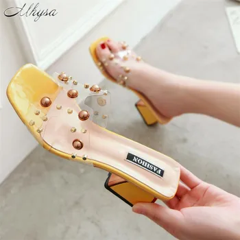

Mhysa 2020 Summer Women Sandals Fashion Simple Style PVC Clear Strappy High Heels Woman Transparent Heels Yellow shoes woman