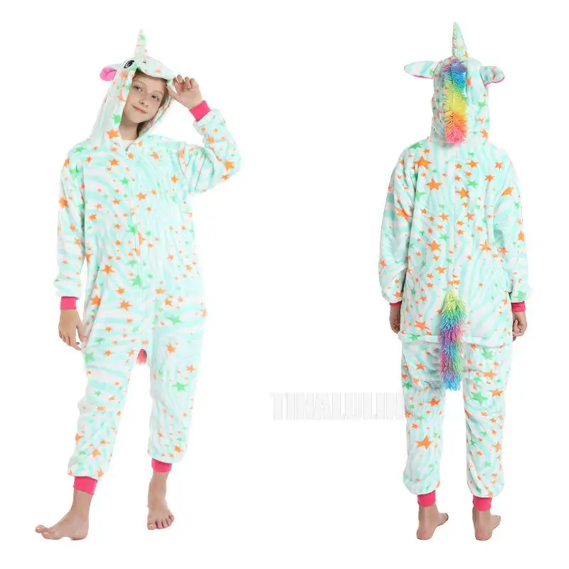 New Winter Boys Girls Cute Kigurumi Cartoon Animal Licorne Kids Hooded Pyjama Sleepwears Jumspuit Unicorn Rainbow Girls Pijamas